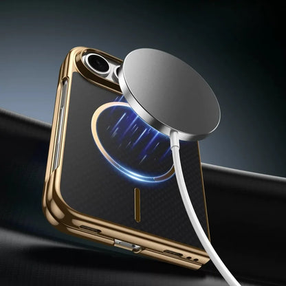 Carbon-texture case with plated frame on an iPhone Duo, shown with a magnetic charger