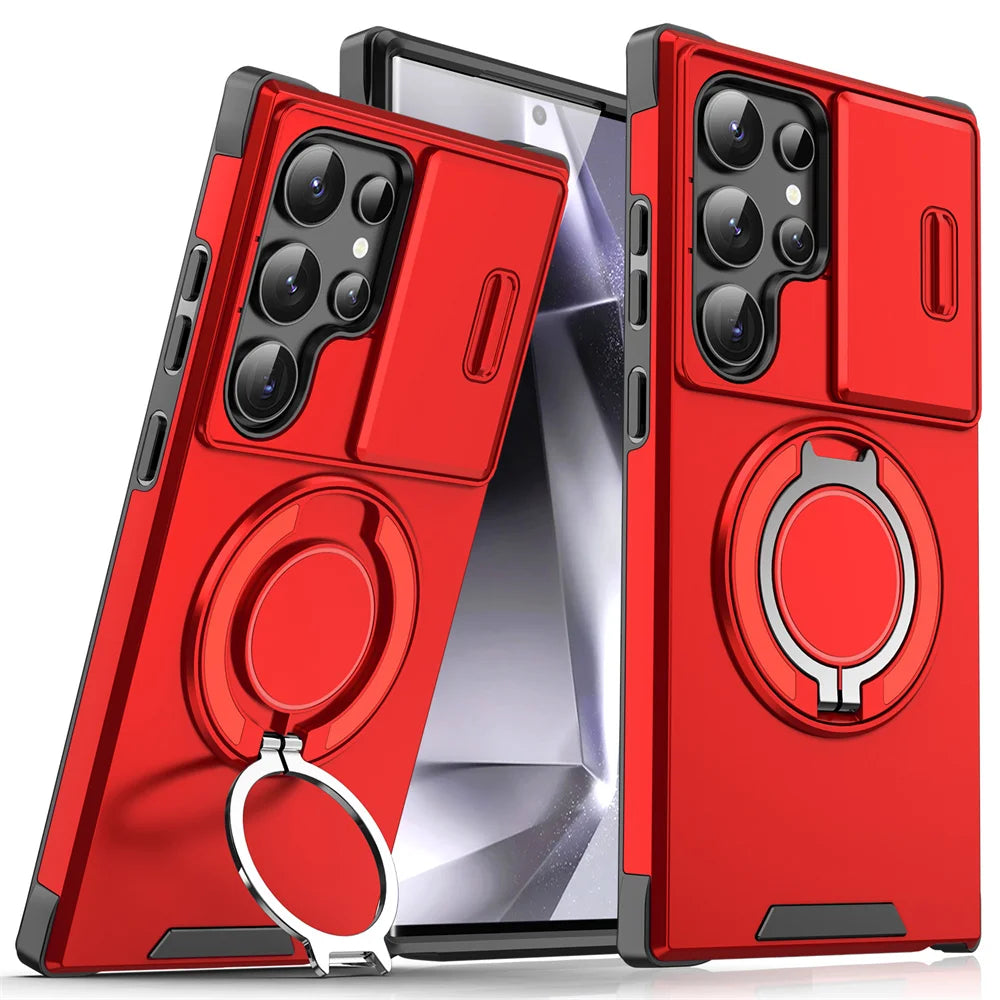Slide camera cover magnetic stand case for Samsung Galaxy S and A series, red