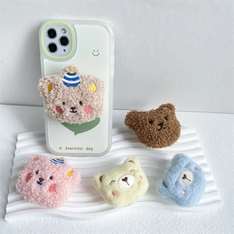 Fluffy plush bear folding phone grip, view 2