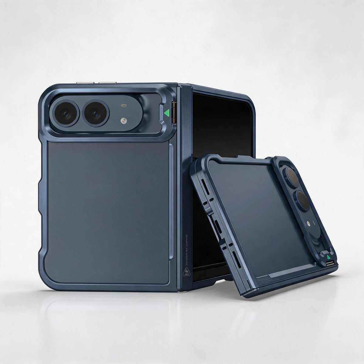 Aluminium alloy frame case for iPhone Duo in blue-grey, back and inner views
