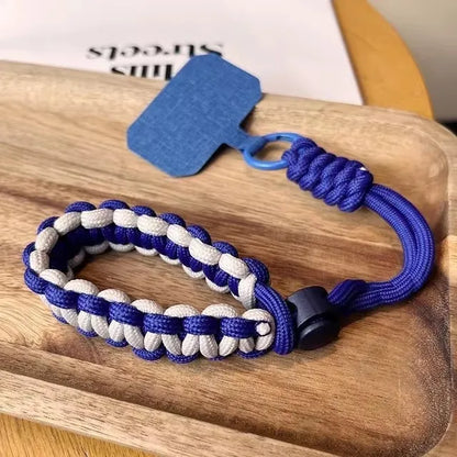 Handwoven adjustable phone wrist strap lanyard, blue white