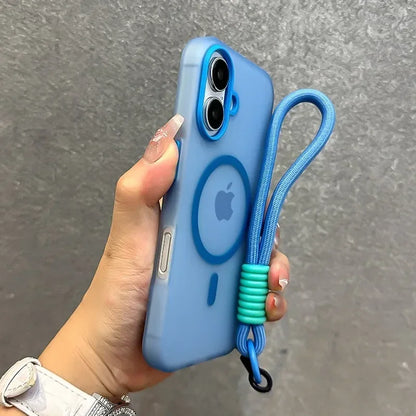 Candy color MagSafe case with wrist strap for iPhone 11–18, blue