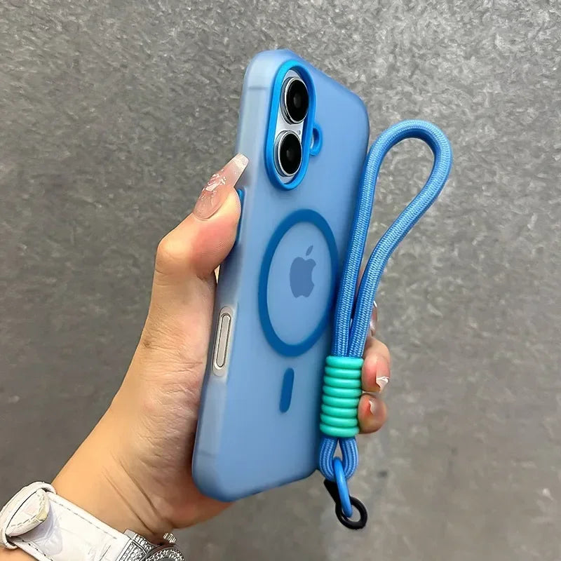 Candy color MagSafe case with wrist strap for iPhone 11–18, blue