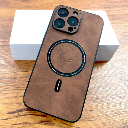 PU leather deer MagSafe case for iPhone 11–18, dark brown