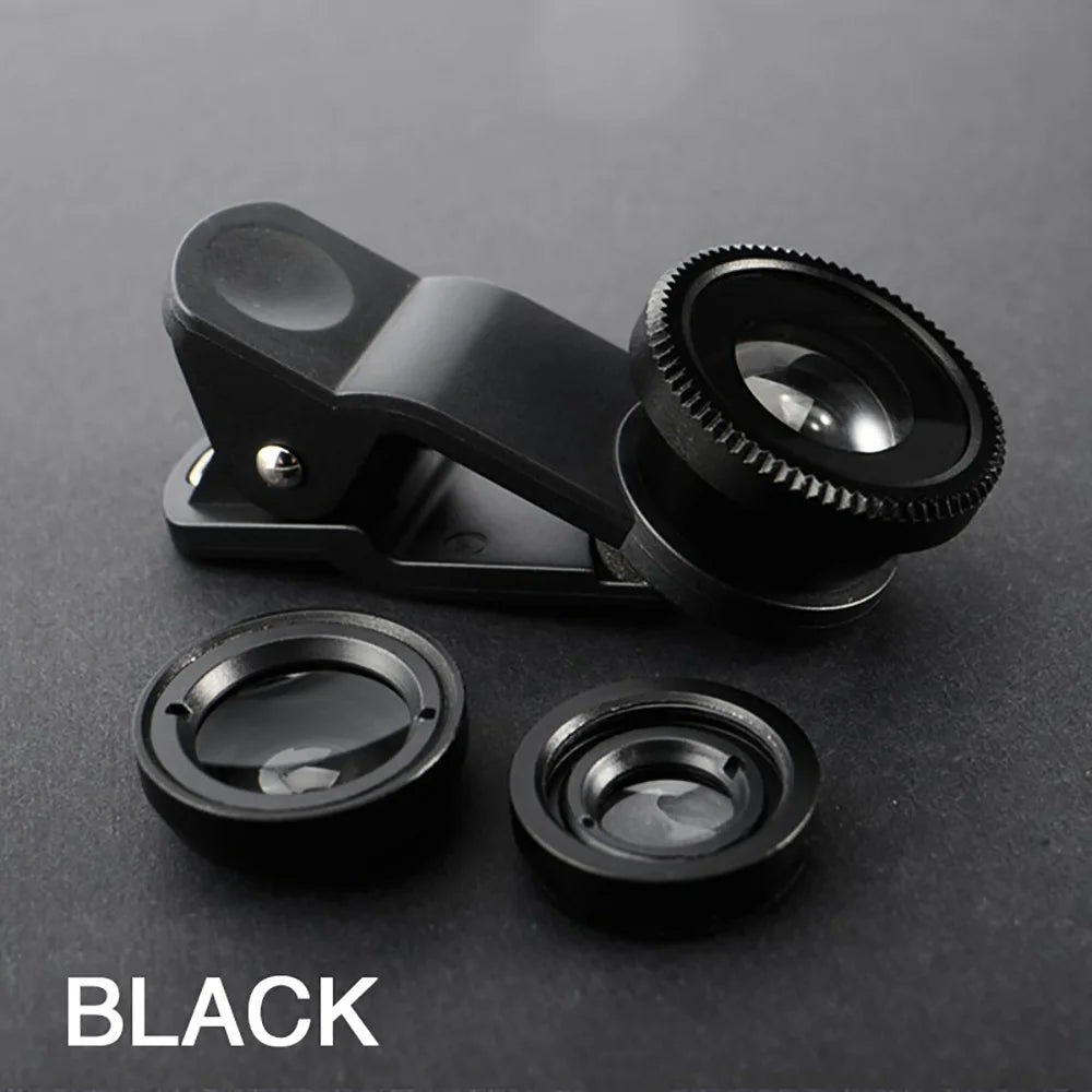 3-in-1 clip-on phone lens kit with fisheye, wide angle and macro