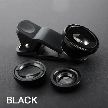 3-in-1 clip-on phone lens kit with fisheye, wide angle and macro