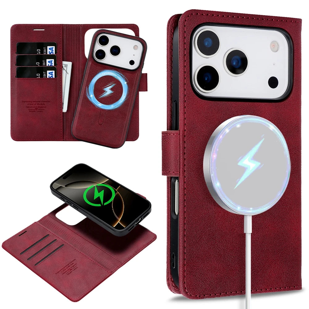 2-in-1 leather MagSafe wallet case for iPhone 12–18, red