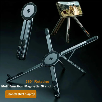 Foldable magnetic aluminum desk phone holder and selfie tripod, view 2