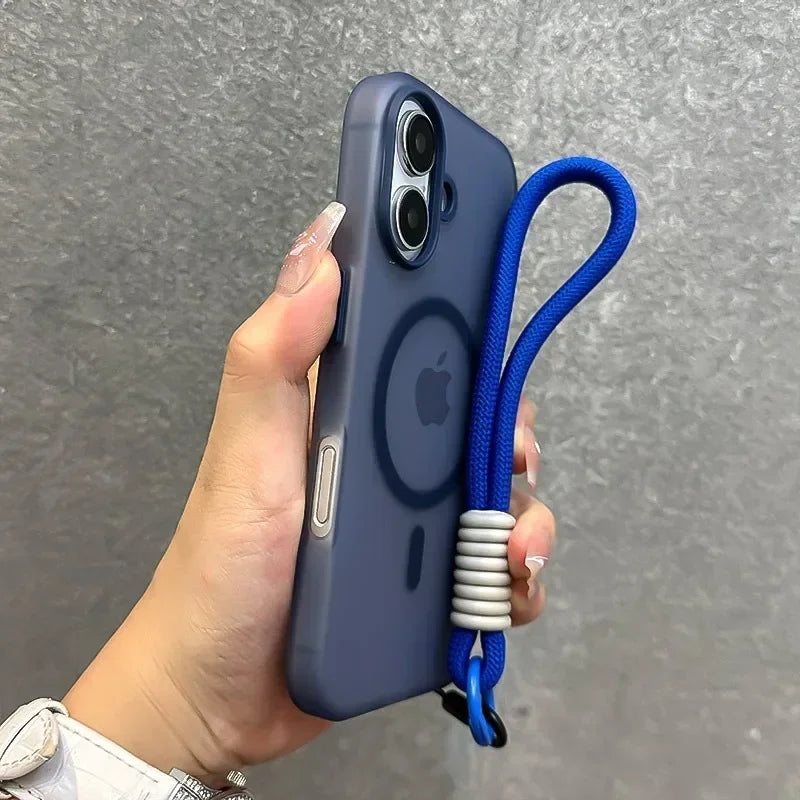 Candy color MagSafe case with wrist strap for iPhone 11–18, dark blue