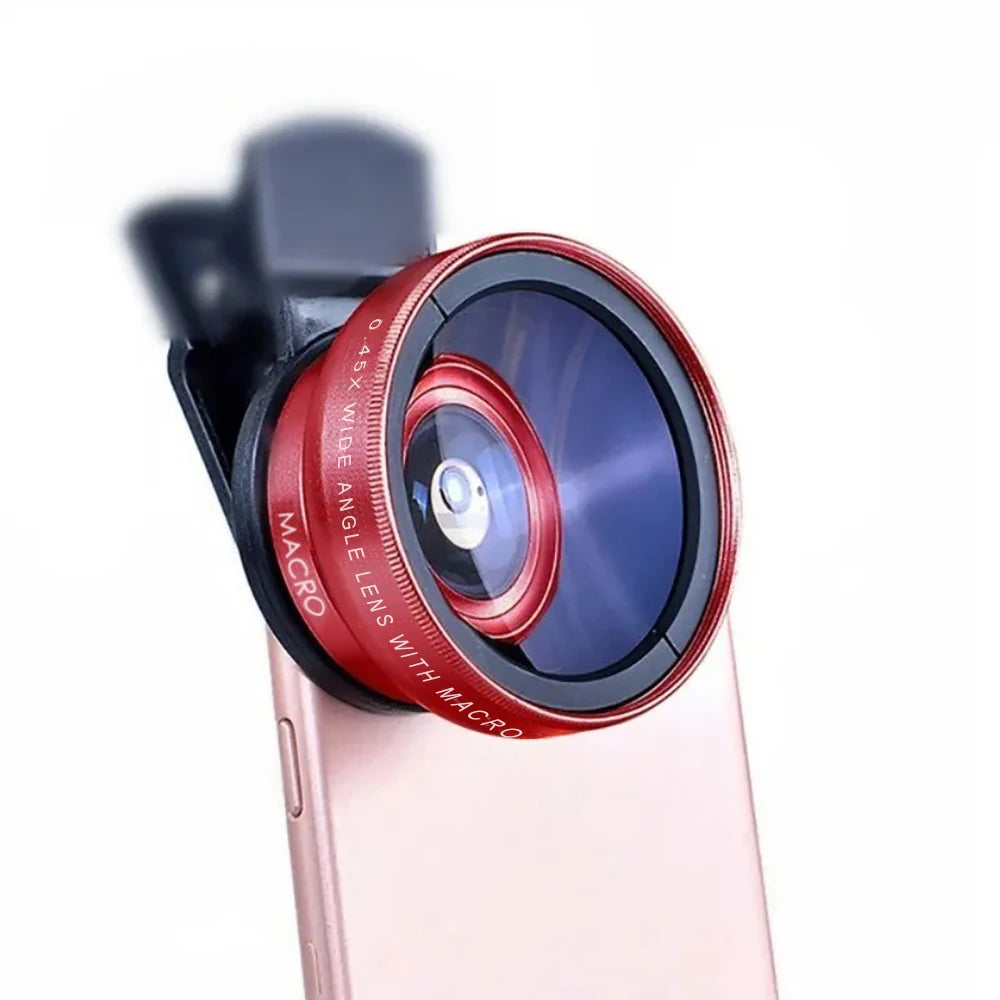 2-in-1 phone camera lens kit, 0.45x wide angle and 12.5x macro, red