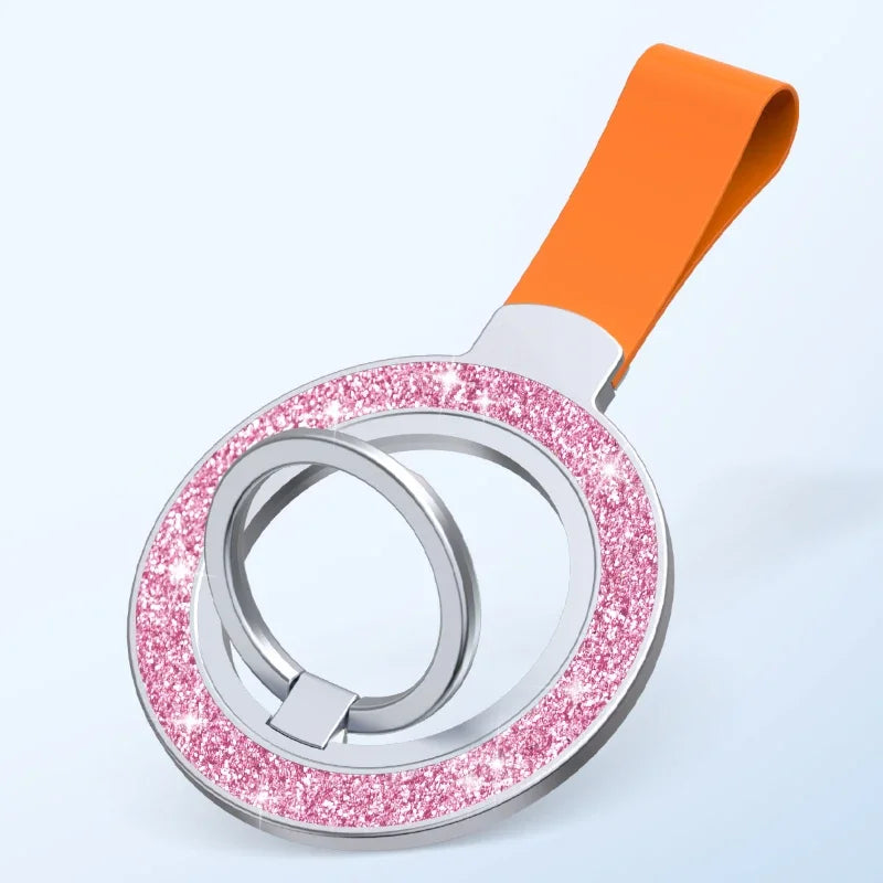 Double-sided magnetic ring grip with hand strap, pink glitter