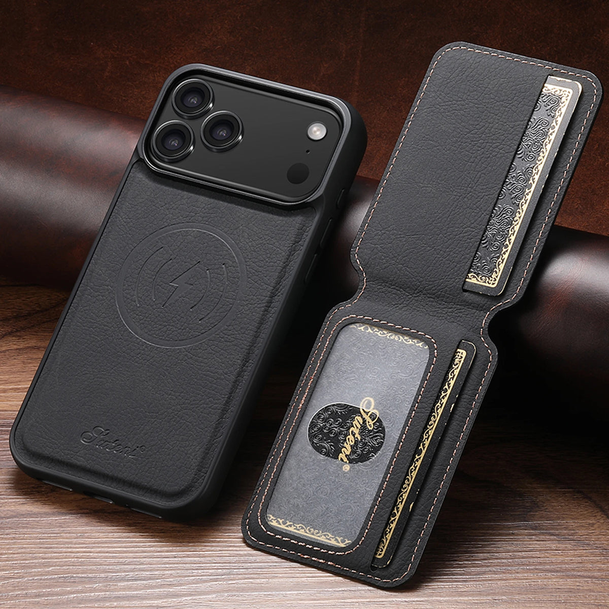 Magnetic card holder phone case with stand for iPhone 12–18, black