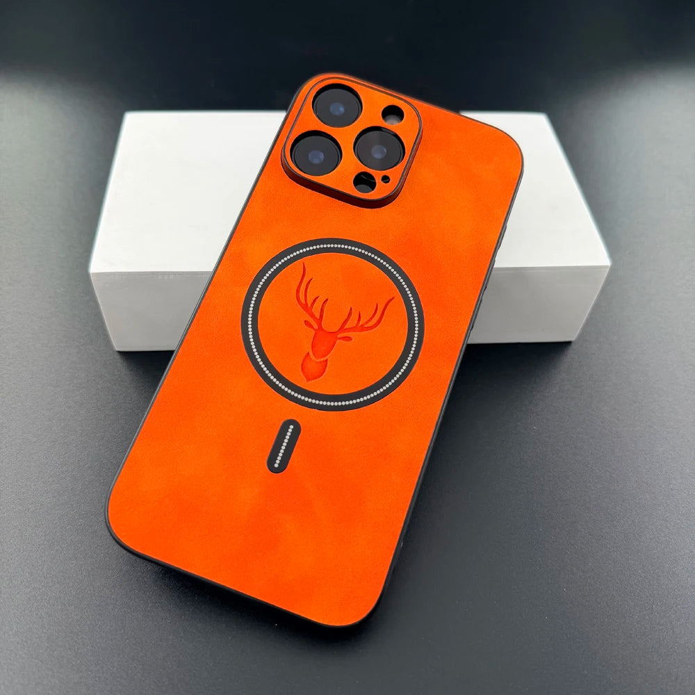 PU leather deer MagSafe case for iPhone 11–18, orange