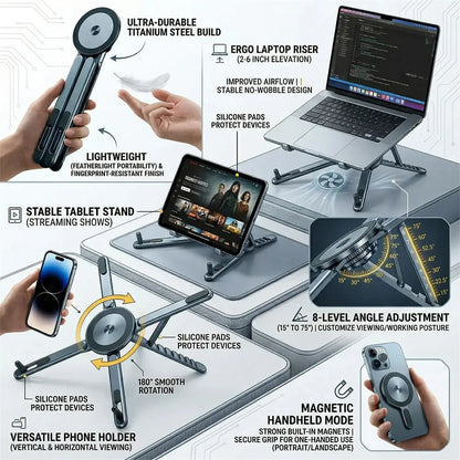 Foldable magnetic aluminum desk phone holder and selfie tripod, view 4