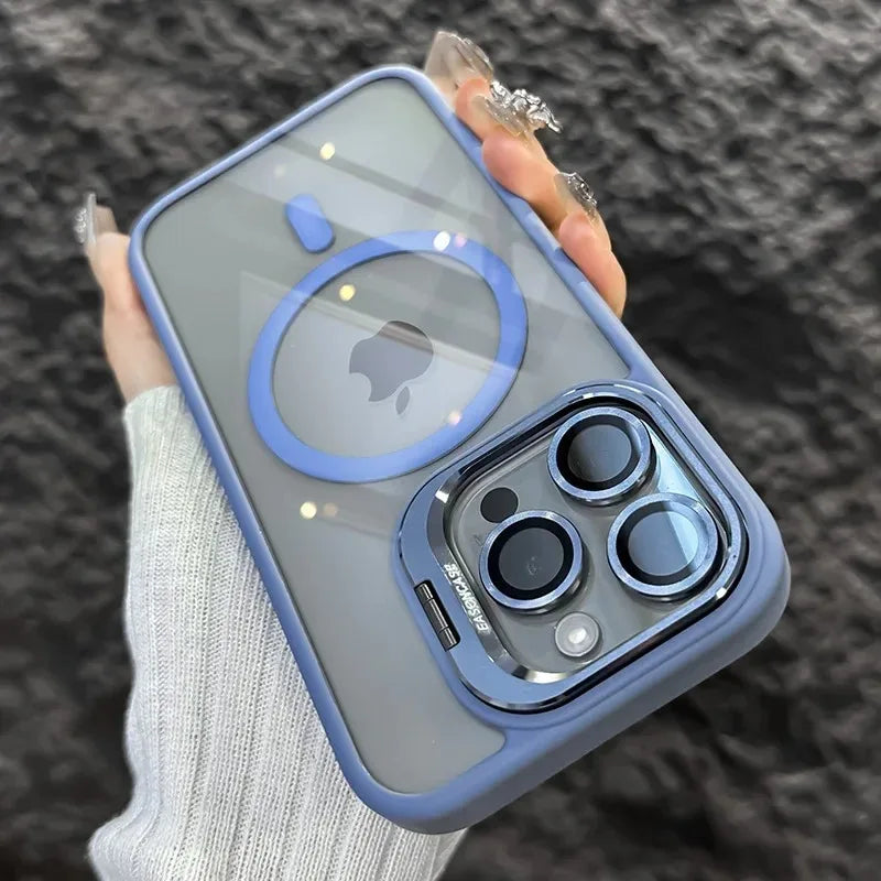Magnetic kickstand case with lens protection for iPhone 11–18, light blue