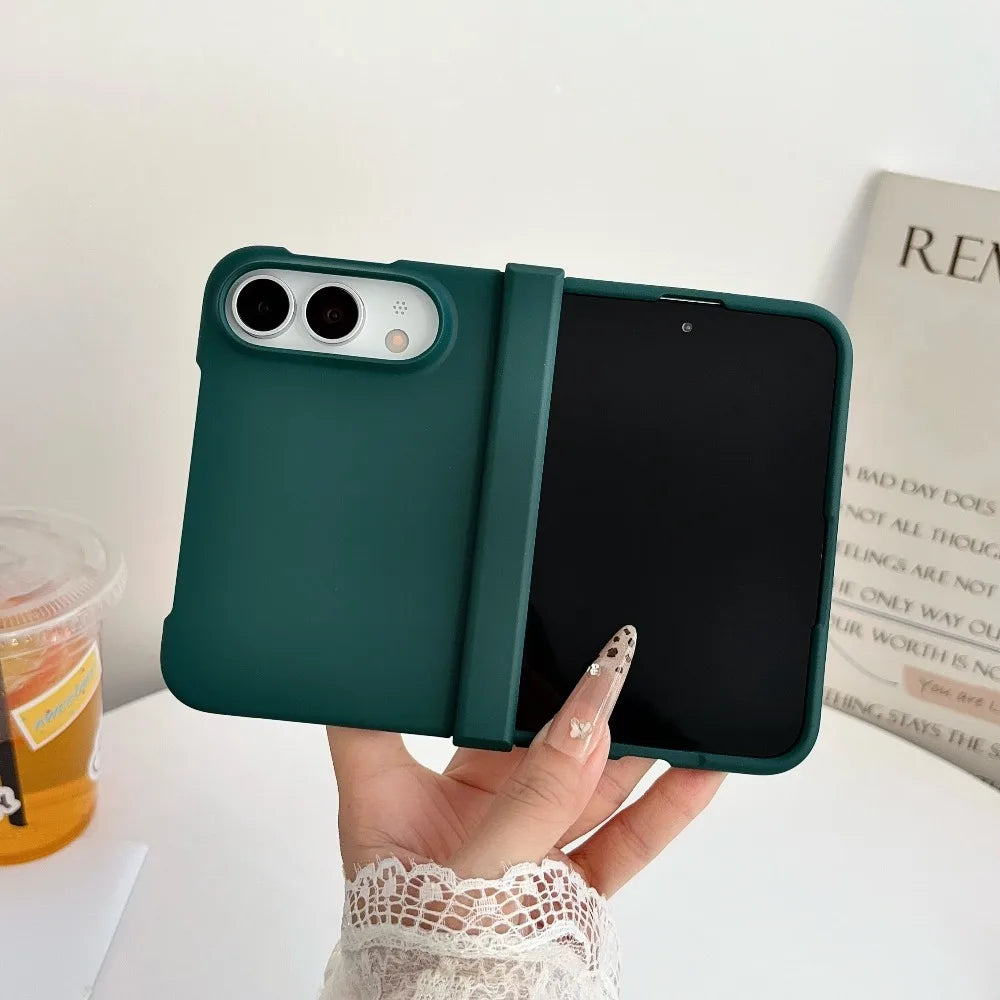 Dark green slim shell hinge case on an unfolded iPhone Duo