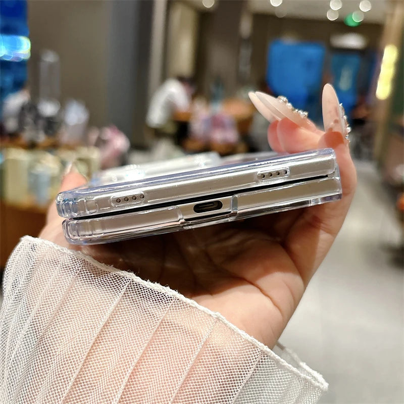 Edge view of the clear case on a folded iPhone Duo, showing the hinge spine