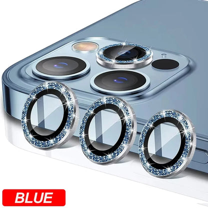 Diamond metal camera lens protector glass for iPhone, light blue
