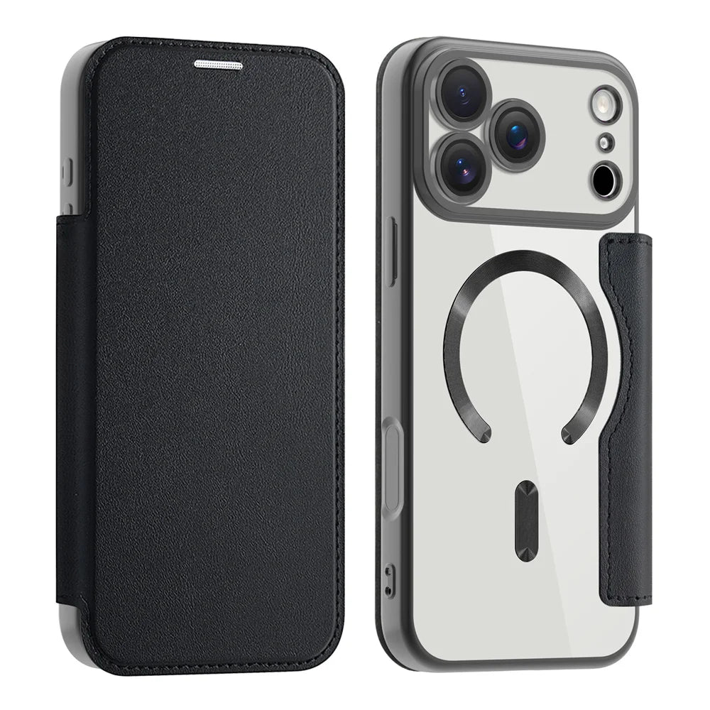 Clear flip leather wallet case, black