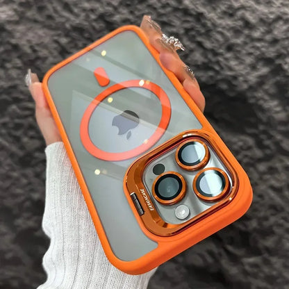 Magnetic kickstand case with lens protection for iPhone 11–18, orange