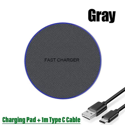Ultra-thin fast wireless charger pad for iPhone and Samsung Galaxy, with cable gray