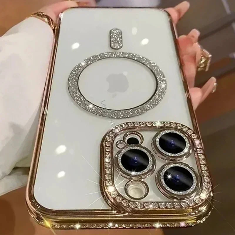 Glitter diamond clear magnetic bumper case for iPhone 11–18, gold