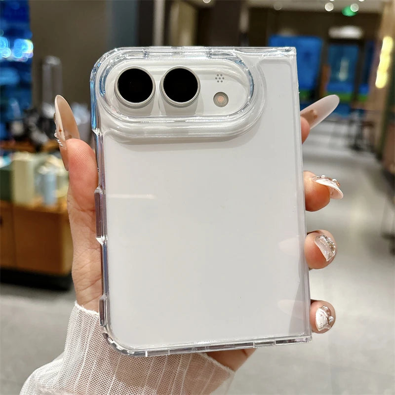 Clear case on a folded iPhone Duo, twin rear lenses on the camera plateau