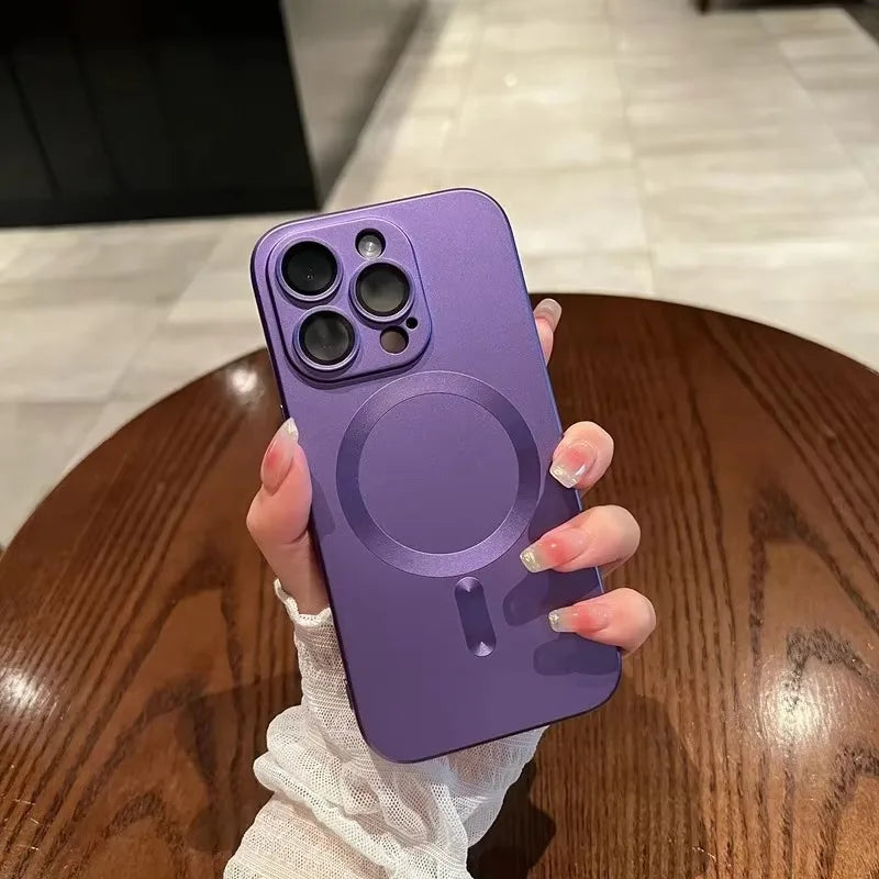 Matte MagSafe case with glass lens protection for iPhone 12–18, dark purple