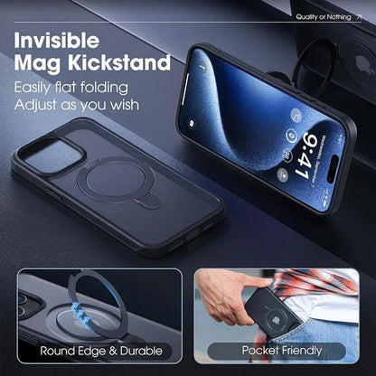 Matte MagSafe case with metal ring stand for iPhone 11–17