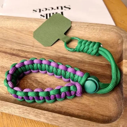 Handwoven adjustable phone wrist strap lanyard, green purple