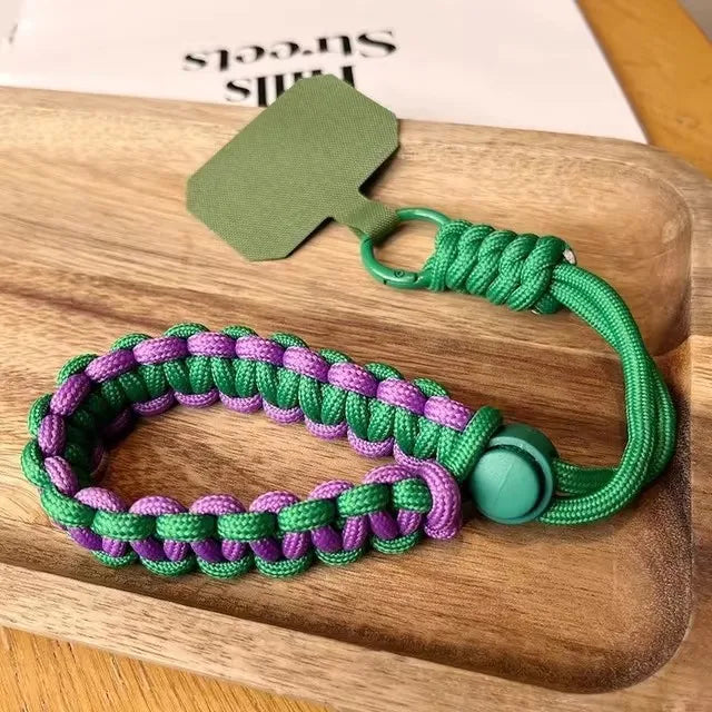 Handwoven adjustable phone wrist strap lanyard, green purple