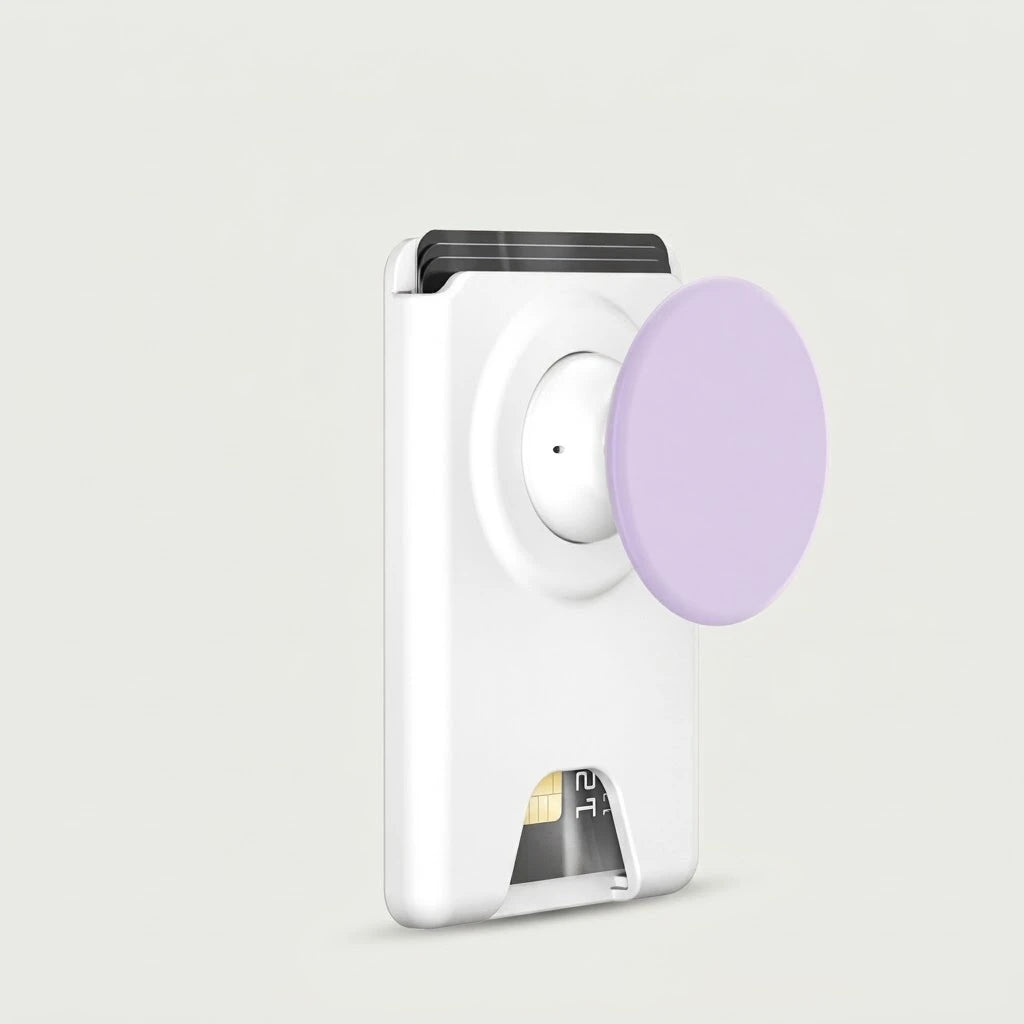White magnetic card wallet with lavender expandable phone grip, studio shot