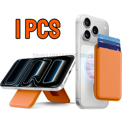 Magnetic leather card wallet with hidden stand for iPhone 13–15, orange