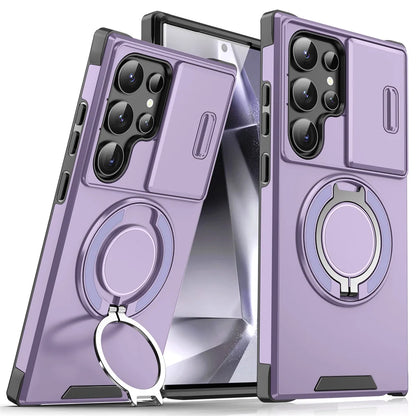Slide camera cover magnetic stand case for Samsung Galaxy S and A series, purple