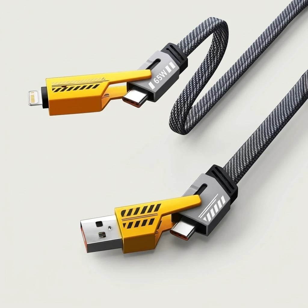 4-in-1 mecha style 65W braided charging cable with USB-A, USB-C and Lightning connectors