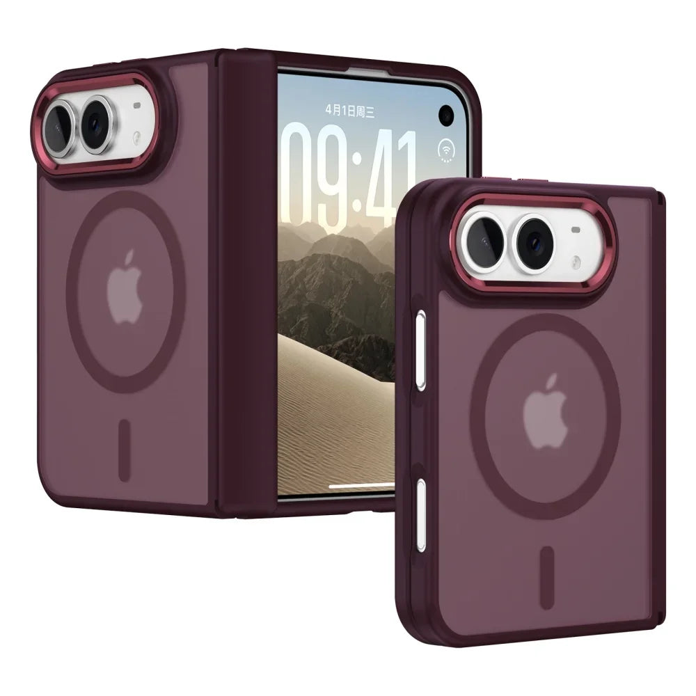 Frosted burgundy case with plated camera rim on iPhone Duo