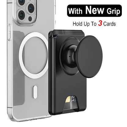 Magnetic wallet with expanding phone grip for iPhone & Samsung, black