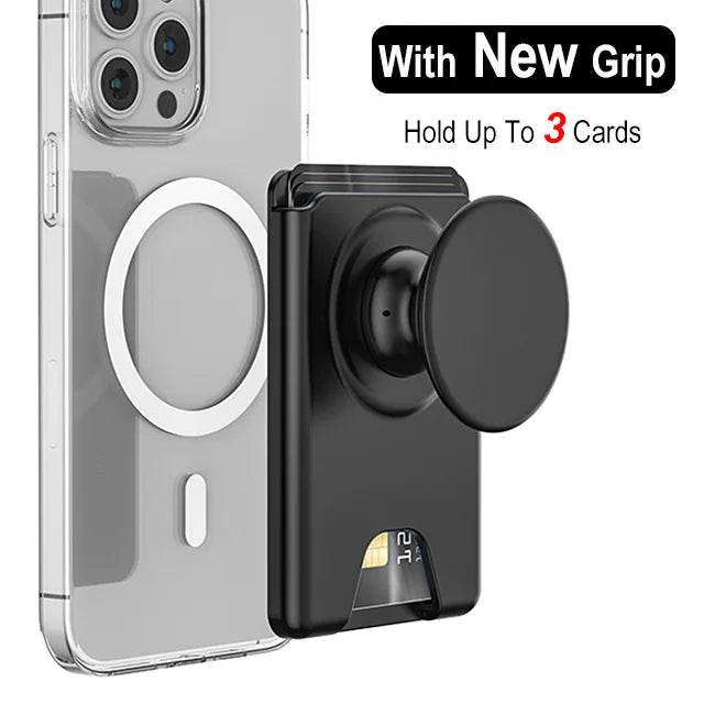 Magnetic wallet with expanding phone grip for iPhone & Samsung, black