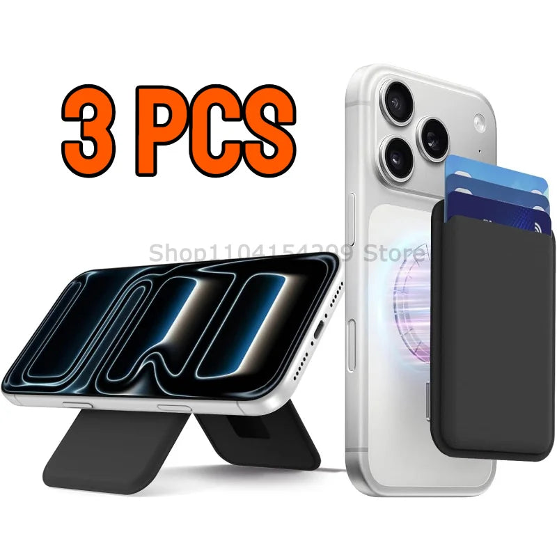 Magnetic leather card wallet with hidden stand for iPhone 13–15, black, view 9