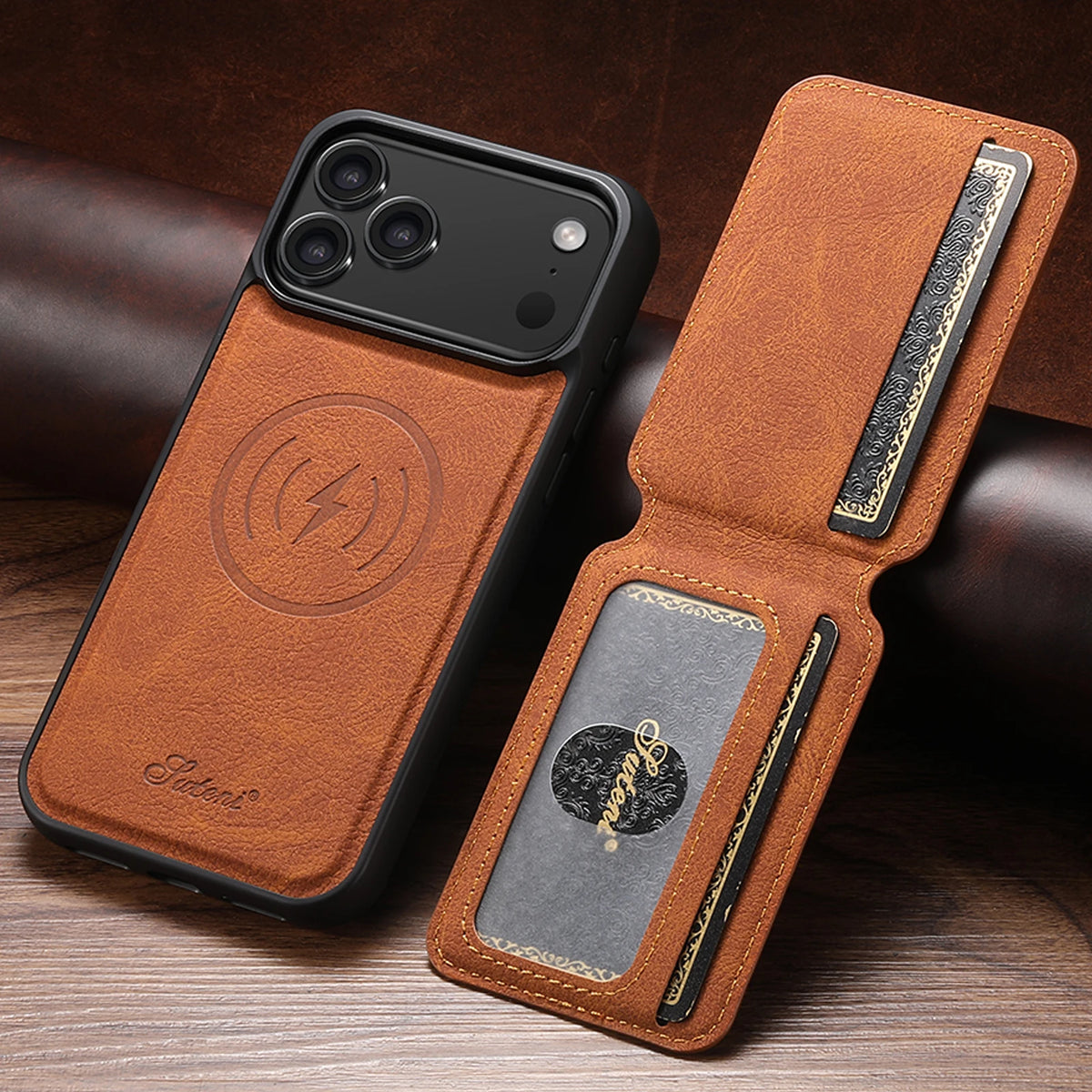 Magnetic card holder phone case with stand for iPhone 12–18, khaki