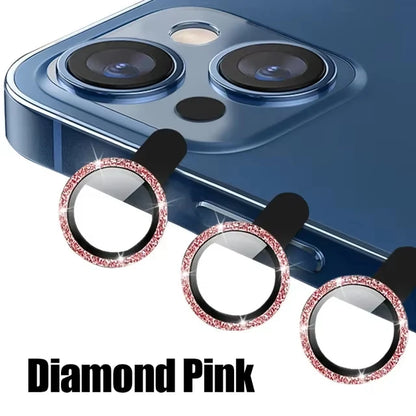 Diamond metal camera lens protector glass for iPhone, pink