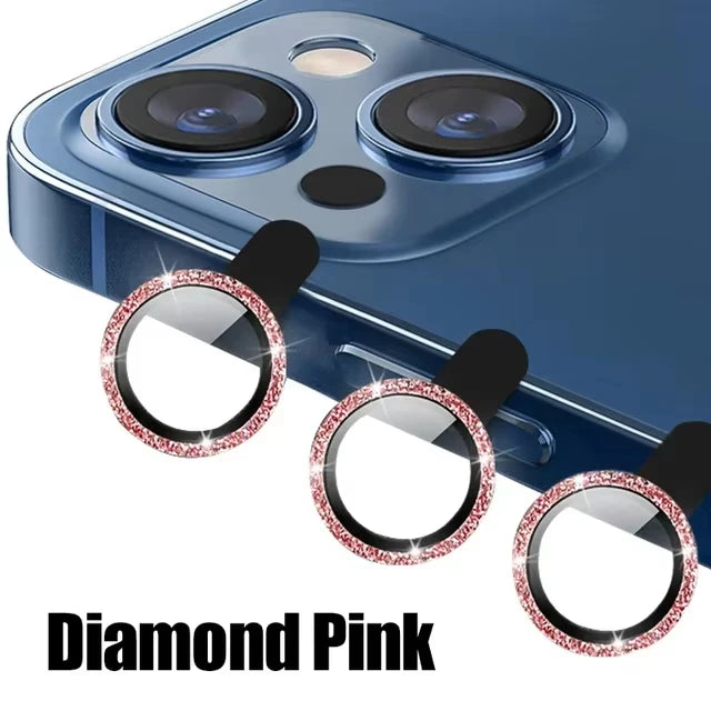 Diamond metal camera lens protector glass for iPhone, pink