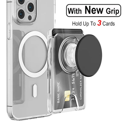 Magnetic wallet with expanding phone grip for iPhone & Samsung, transparent black