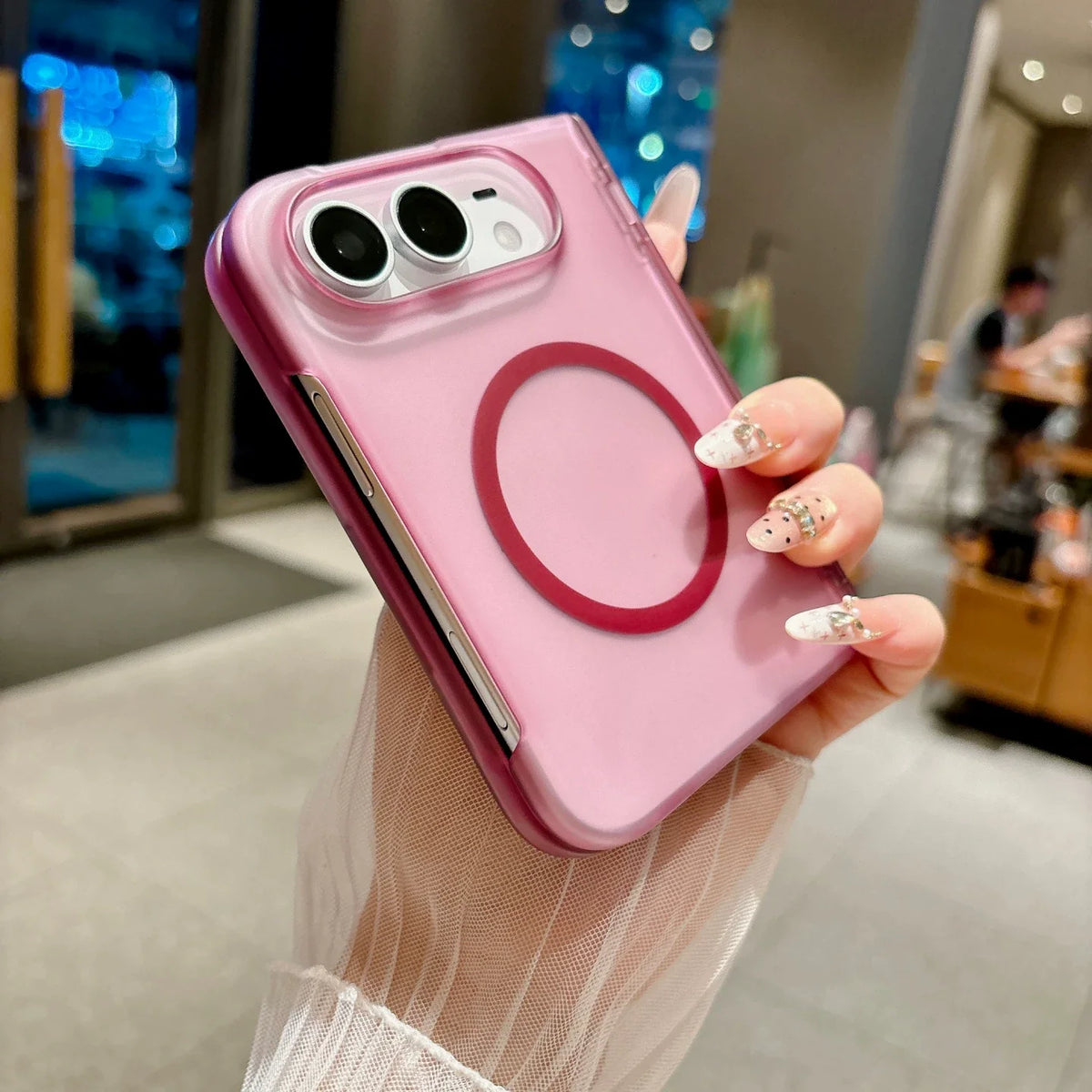 Ultra-thin frosted pink shell on iPhone Duo