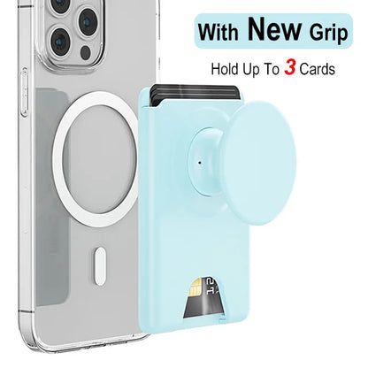 Magnetic wallet with expanding phone grip for iPhone & Samsung, blue