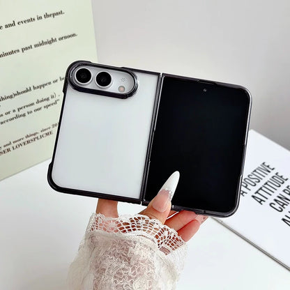 Electroplated clear case with black trim, device half open
