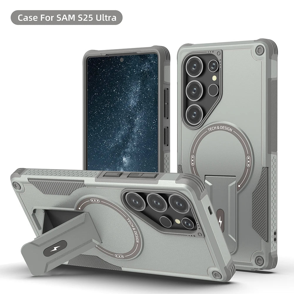 Magnetic armor case with fold stand for Samsung Galaxy S and A series, gray