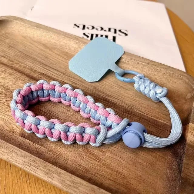 Handwoven adjustable phone wrist strap lanyard, pink blue