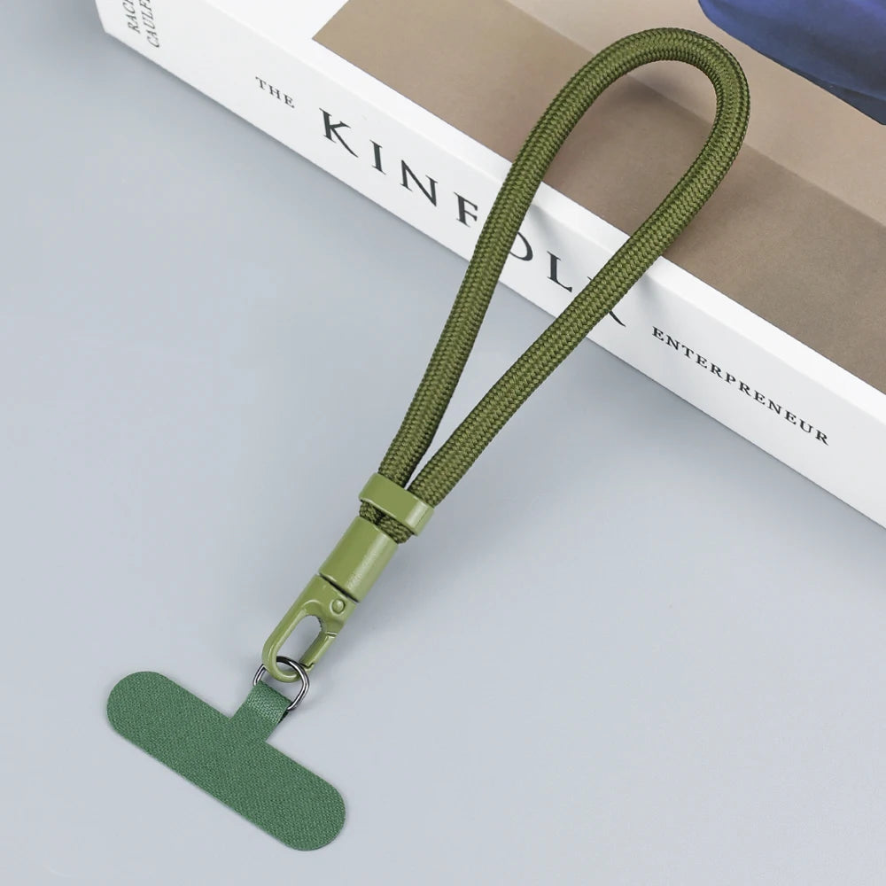 Braided short phone wrist strap with chain ring and patch, deep green