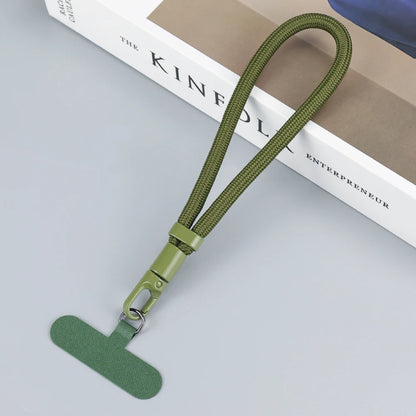 Braided short phone wrist strap with chain ring and patch, deep green